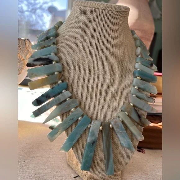 Handmade Amazonite & freshwater pearl bohemian tribal statement necklace - Picture 4 of 7